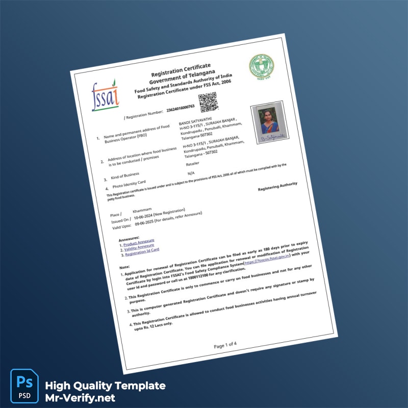 India FSSAI Food Safety and Standards Authority Business Registration Certificate Template in Word and PDF formats India FSSAI Food Safety and Standards Authority Business Registration Certificate Template in Word and PDF formats