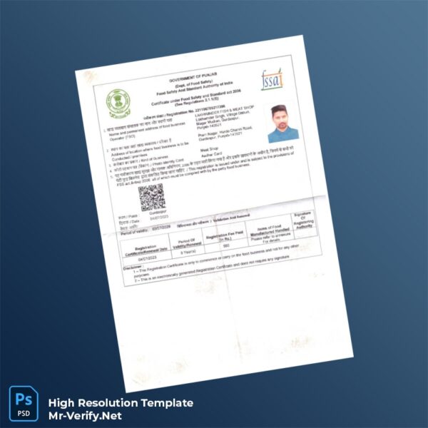 Editable India Food Safety Registration Certificate Word and Pdf Template Preview - Mac Doc