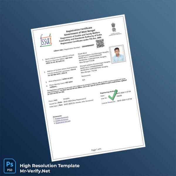 Editable India Food Safety and Standards Authority Food Business Registration Certificate Word and Pdf Template Preview - Mac Doc