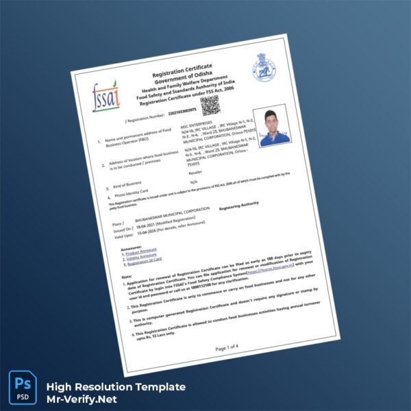 Editable India Food Safety and Standards Authority of India Registration Certificate Word and Pdf Template Preview