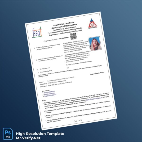 Editable India Food and Drug Administration Business Registration Certificate Word and Pdf Template Preview - Mac Doc