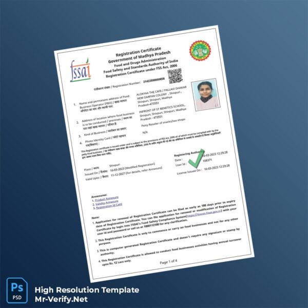 Editable India Food and Drugs Administration Business Registration Certificate Word and Pdf Template Preview - Mac Doc