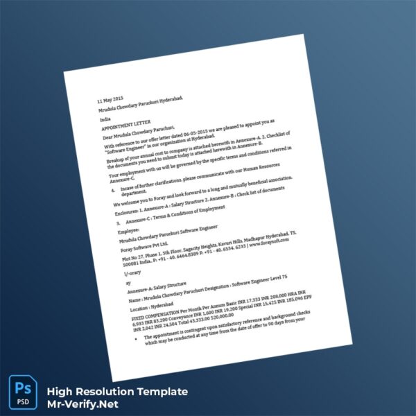 Editable India Foray Software Employment Verification Letter Word and Pdf Template Preview - Mac Doc