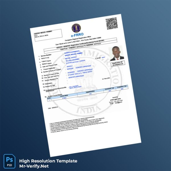 Editable India Foreigners Regional Registration Office Registration Certificate Word and Pdf Template Preview - Mac Doc