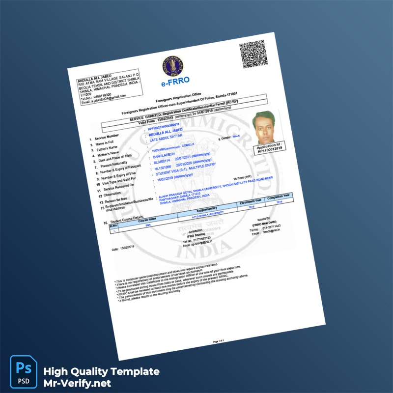 India Foreigners Registration Office Editable Registration Certificate Template in Word and PDF formats India Foreigners Registration Office Editable Registration Certificate Template in Word and PDF formats
