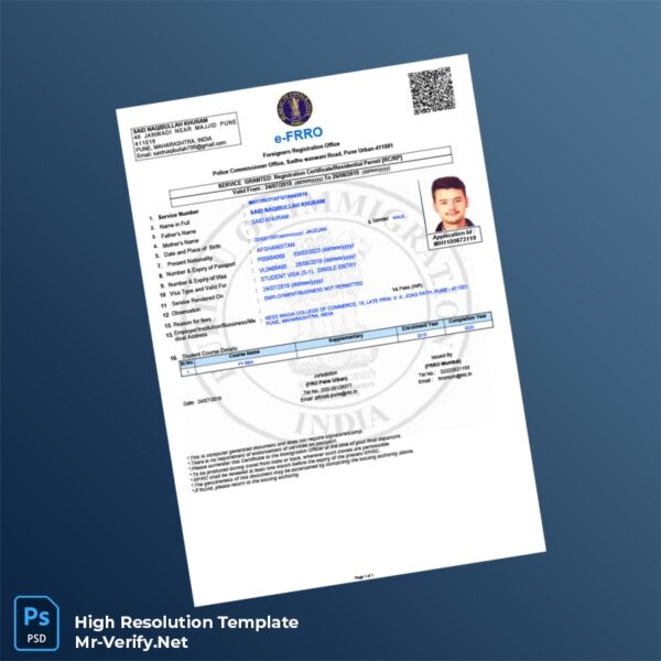 Editable India Foreigners Registration Office Registration Certificate Word and Pdf Template Preview - Mac Doc