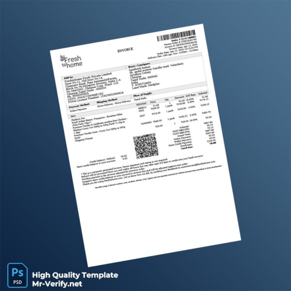 India Freshtohome Foods Private Limited Invoice Template in Word and PDF formats India Freshtohome Foods Private Limited Invoice Template in Word and PDF formats