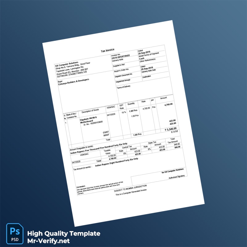 India GS Computer Solutions Tax Invoice Template in Word and PDF formats India GS Computer Solutions Tax Invoice Template in Word and PDF formats