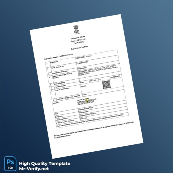 India GST Authority Editable GST Registration Certificate Template in Word and PDF formats