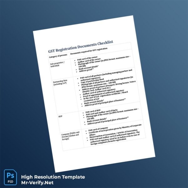 Editable India GST Registration Document Checklist Word and Pdf Template Preview - Mac Doc