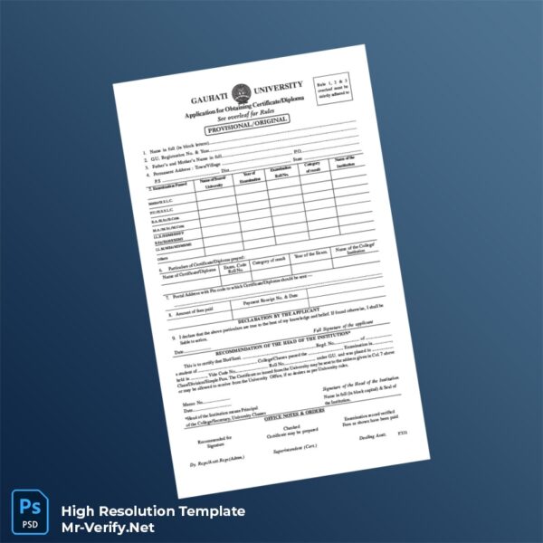 Editable India Gauhati University Certificate of Diploma Application Word and Pdf Template Preview - Mac Doc