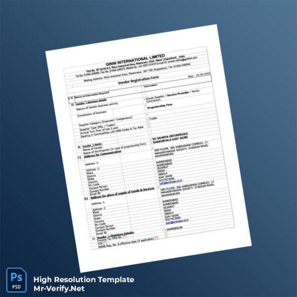 Editable India Ginni International Limited Vendor Registration Form Word and Pdf Template Preview - Mac Doc