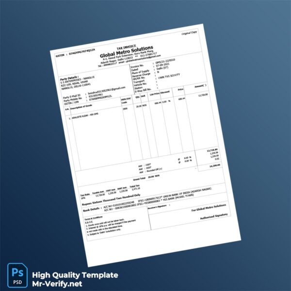 India Global Metro Solutions Invoice Template in Word and PDF formats