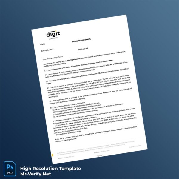 Editable India Go Digit General Insurance Limited Employment Verification Letter Word and Pdf Template Preview - Mac Doc