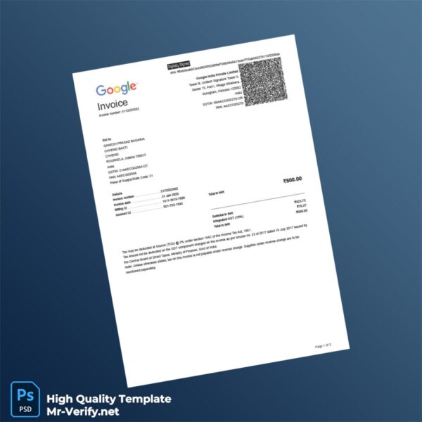 India Google Invoice Template in Word and PDF formats