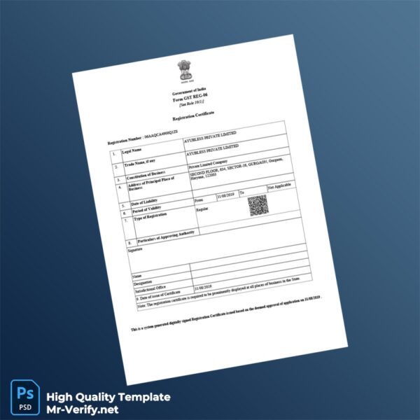 India Government GST Registration Certificate Template in Word and PDF formats India Government GST Registration Certificate Template in Word and PDF formats