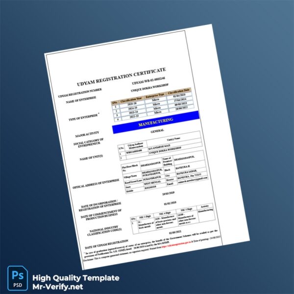 India Government of India Editable Udyam Registration Certificate Template in Word and PDF formats