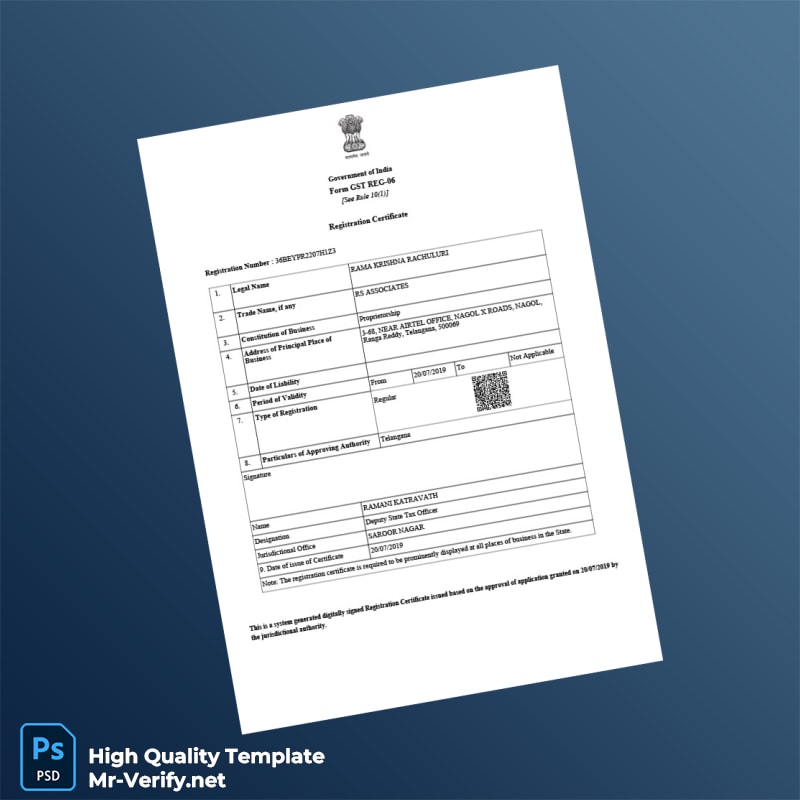 India Government of India GST Registration Certificate Template in Word and PDF formats India Government of India GST Registration Certificate Template in Word and PDF formats