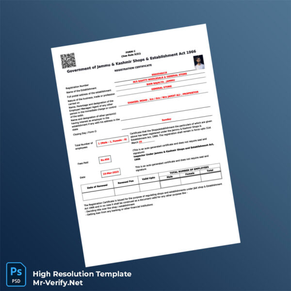 Editable India Government of Jammu and Kashmir Registration Certificate Word and Pdf Template Preview - Mac Doc
