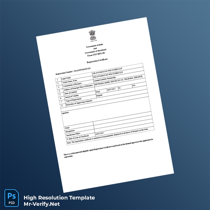 India%20Government%20of%20Jharkhand%20GST%20Registration%20Certificate%20Template%20in%20Word%20and%20PDF%20formats Editable India Government of Jharkhand GST Registration Certificate Word and Pdf Template Preview