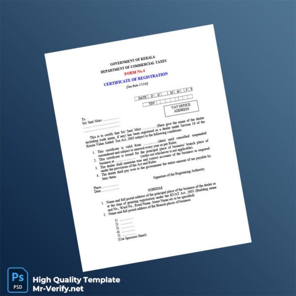 India Government of Kerala Department of Commercial Taxes Business Registration Certificate Template in Word and PDF formats India Government of Kerala Department of Commercial Taxes Business Registration Certificate Template in Word and PDF formats