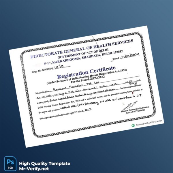 India Government of NCT of Delhi Registration Certificate Template in Word and PDF formats