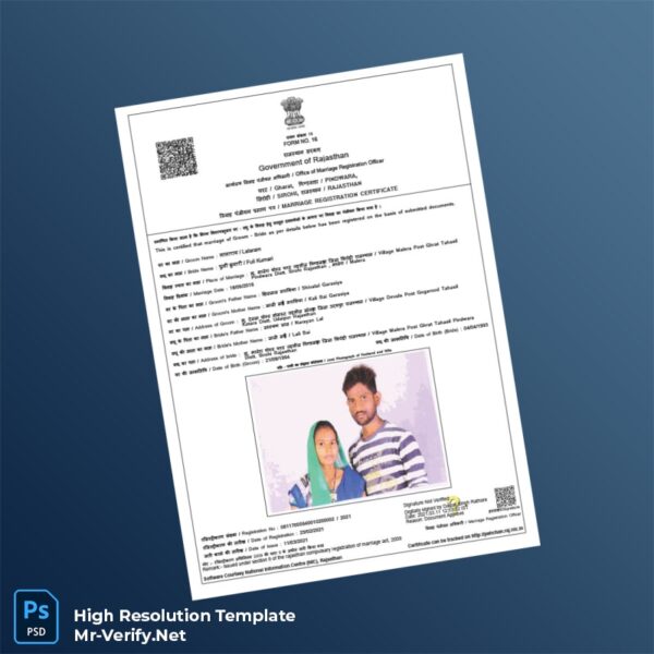 Editable India Government of Rajasthan Marriage Registration Certificate Word and Pdf Template Preview - Mac Doc