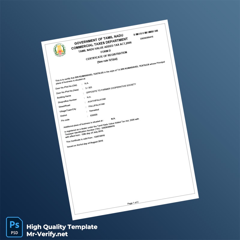India Government of Tamil Nadu Commercial Taxes Department Business Registration Certificate Template in Word and PDF formats India Government of Tamil Nadu Commercial Taxes Department Business Registration Certificate Template in Word and PDF formats