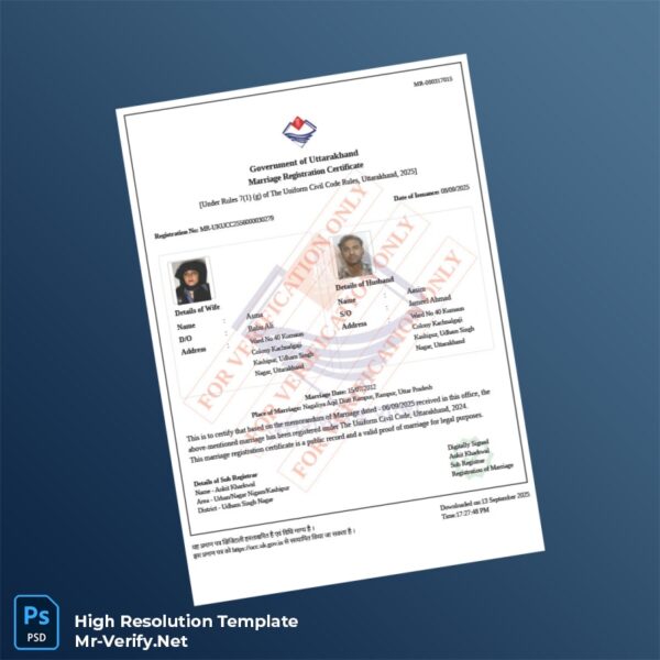 Editable India Government of Uttarakhand Marriage Registration Certificate Word and Pdf Template Preview - Mac Doc