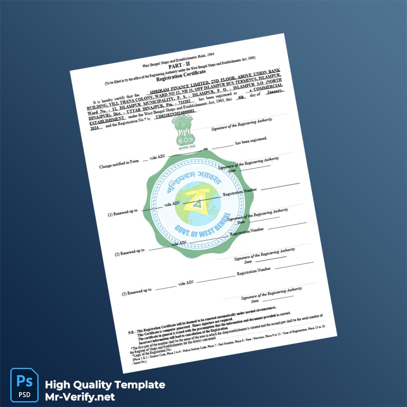 India Government of West Bengal Business Registration Certificate Template in Word and PDF formats India Government of West Bengal Business Registration Certificate Template in Word and PDF formats