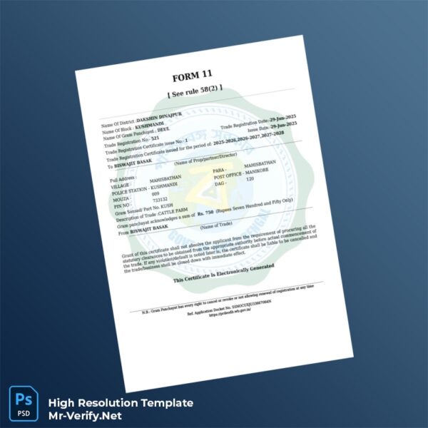 Editable India Gram Panchayat Trade Registration Certificate Word and Pdf Template Preview - Mac Doc