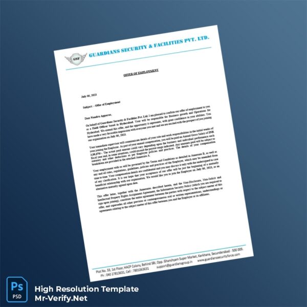 Editable India Guardians Security Facilities Pvt Ltd Employment Verification Letter Word and Pdf Template Preview - Mac Doc