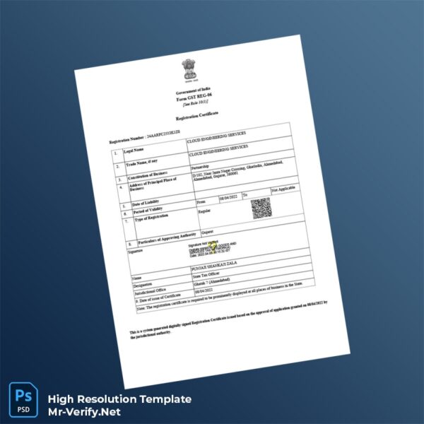 Editable India Gujarat GST Registration Certificate Word and Pdf Template Preview - Mac Doc