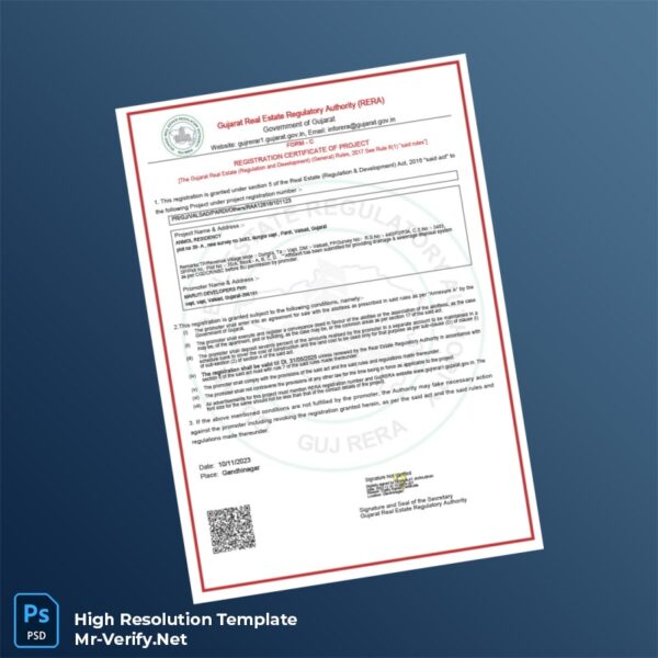 Editable India Gujarat Real Estate Regulatory Authority Registration Certificate Word and Pdf Template Preview - Mac Doc