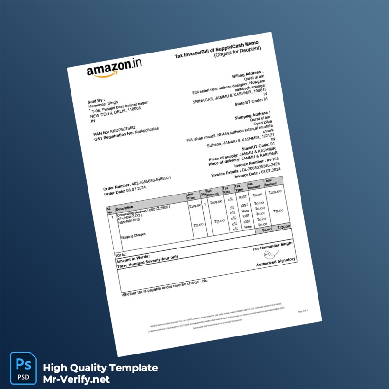 India Harminder Singh Invoice Template in Word and PDF formats India Harminder Singh Invoice Template in Word and PDF formats