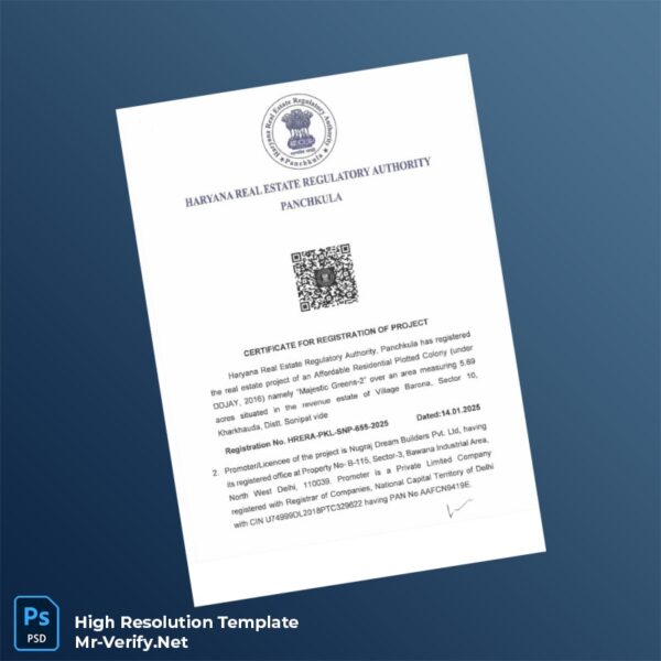 Editable India Haryana Real Estate Regulatory Authority Registration Certificate Word and Pdf Template Preview - Mac Doc