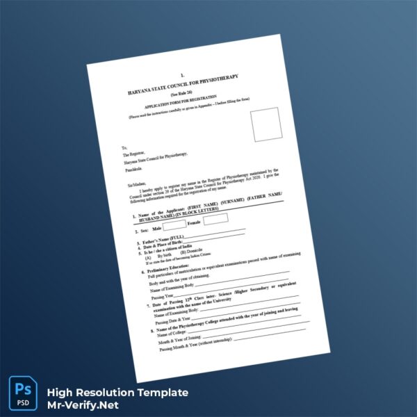 Editable India Haryana State Council for Physiotherapy Registration Certificate Word and Pdf Template Preview - Mac Doc