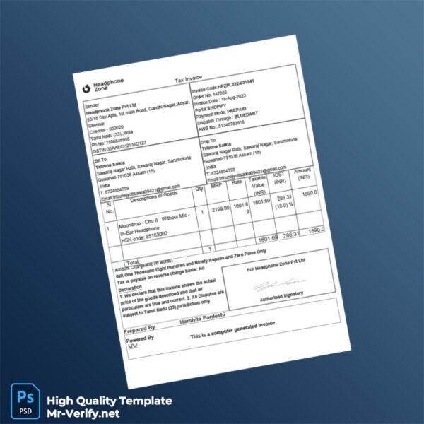 India Headphone Zone Pvt Ltd Tax Invoice Template in Word and PDF formats
