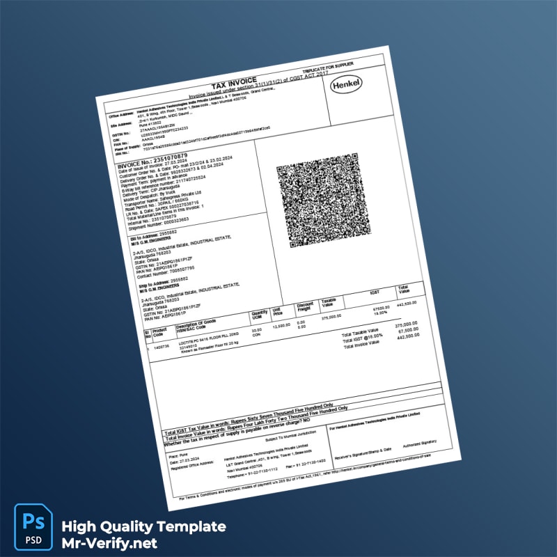 India Henkel Adhesives Technologies India Private Limited Tax Invoice Template in Word and PDF formats page 3 India Henkel Adhesives Technologies India Private Limited Tax Invoice Template in Word and PDF formats page 3