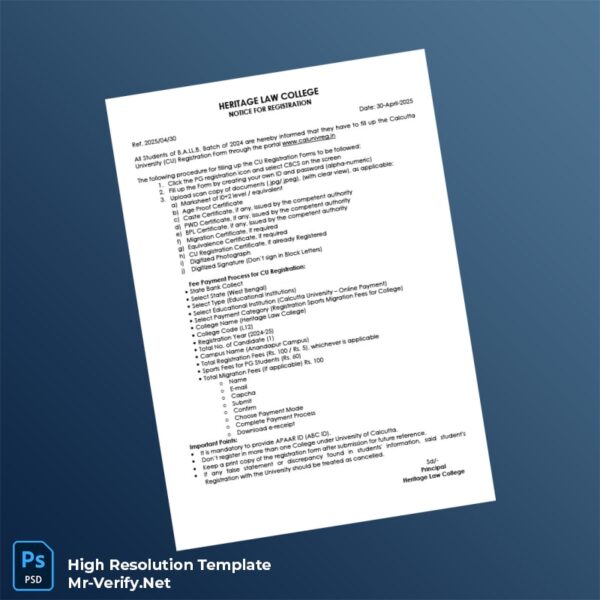 Editable India Heritage Law College Registration Certificate Word and Pdf Template Preview - Mac Doc