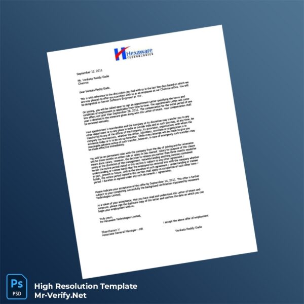 Editable India Hexaware Technologies Employment Verification Letter Word and Pdf Template Preview - Mac Doc