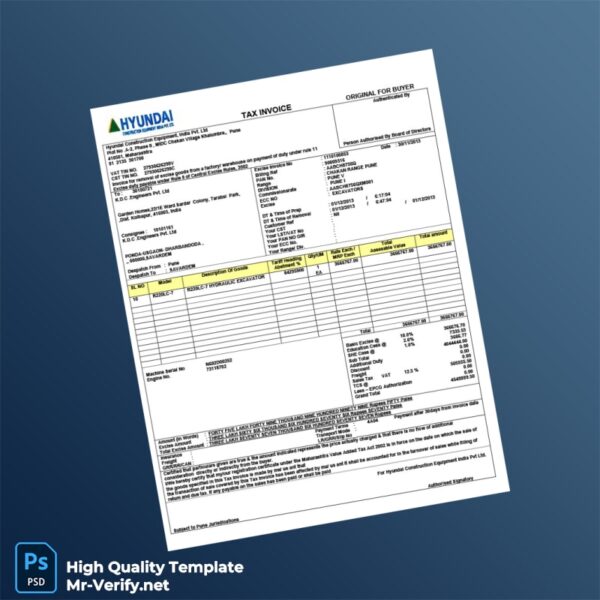 India Hyundai Construction Equipment Tax Invoice Template in Word and PDF formats