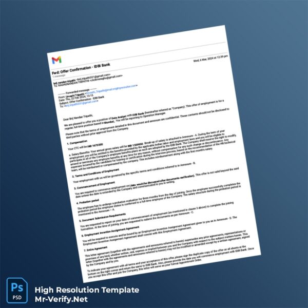 Editable India IDBI Bank Employment Verification Letter Word and Pdf Template Preview - Mac Doc