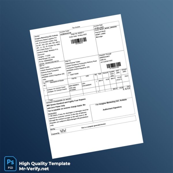 India Imagine Marketing D2C Invoice Template in Word and PDF formats