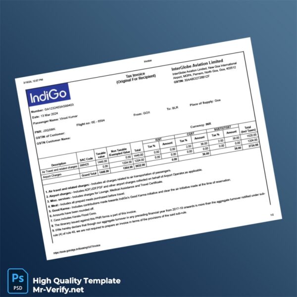 India InterGlobe Aviation Limited Invoice Template in Word and PDF formats India InterGlobe Aviation Limited Invoice Template in Word and PDF formats