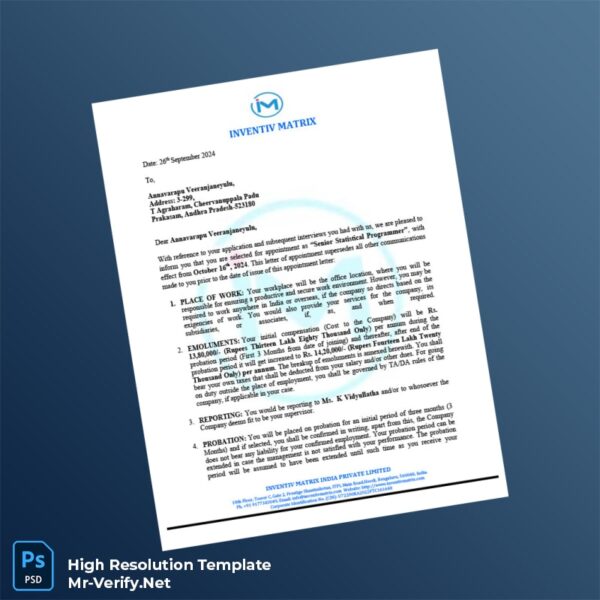 Editable India Inventiv Matrix Employment Verification Letter Word and Pdf Template Preview - Mac Doc