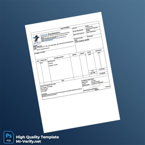 India Isotech Equipments Tax Invoice Template in Word and PDF formats