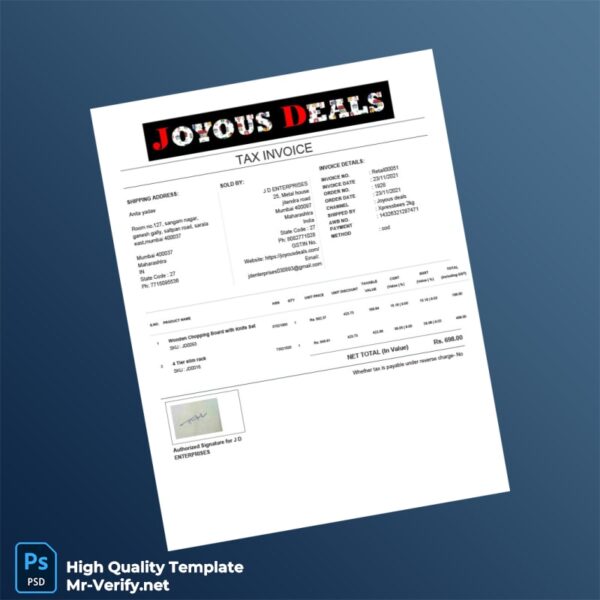 India J D Enterprises Tax Invoice Template in Word and PDF formats India J D Enterprises Tax Invoice Template in Word and PDF formats