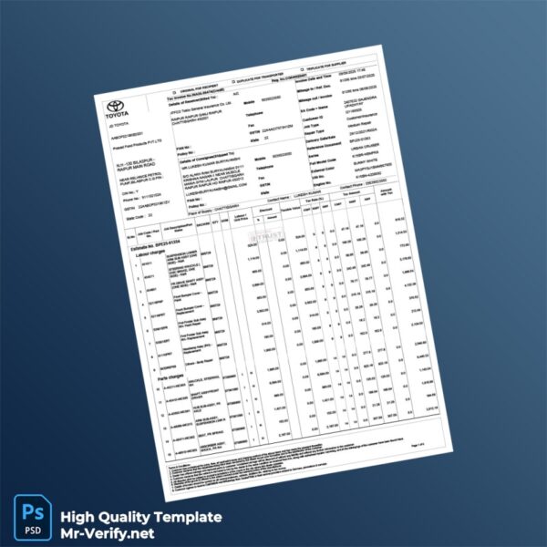 India JD Toyota Invoice Template in Word and PDF formats