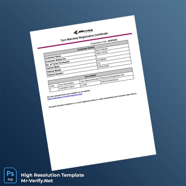 Editable India JK Tyre Warranty Registration Certificate Word and Pdf Template Preview - Mac Doc